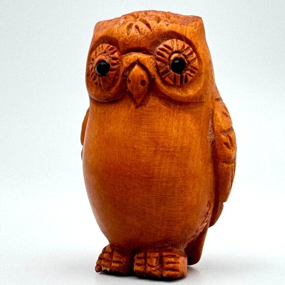 Ojime Bead Netsuke Owl Hand-Carved Boxwood  Signed Figurine - Picture 1 of 9